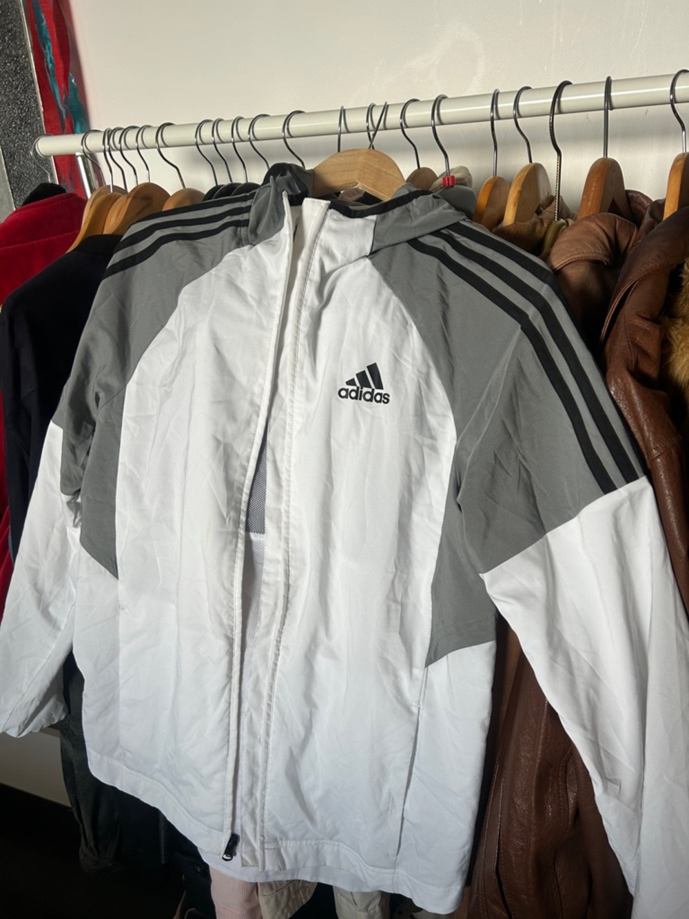 adidas White and Gray Hooded Three-Stripe Jacket